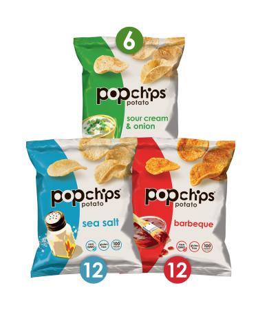 Popchips Potato Chips Variety Pack Single Serve Bags , 3 flavors: 12 Sea Salt, 12 BBQ, 6 Sour Cream & Onion, 0.8 oz Bags Each (Pack of 30) Sea Salt, BBQ , Sour Cream & Onion 0.8 Ounce (Pack of 30)
