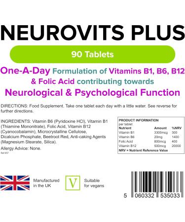 Lindens Neurovits Plus Tablets - 90 Pack | Vitamin B1 B6 B12 & Folic Acid | Supports Psychological Function & Heart Health | UK Manufacturer | 90 Count - Buy Online on GoSupps.com