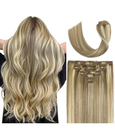 VARIO Hair Clip hair 7pcs 70g Hair Extensions Clip in Remy Balayage Hair Ash Blonde with Bleach Blonde Clip in Human Hair Extensions Natural Hair Extensions Straight Real Hair Extensions 18 inch 18 Inch 18P613