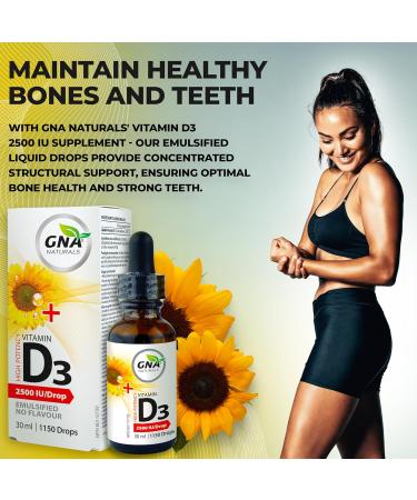 GNA Naturals Vitamin D3 Drops 2500 IU 30ml - Liquid Vitamin D3 for Adults - High Potency Flavorless Easy to Absorb - Pure D3 Supplement for Daily Wellness - Supports Bone Heart and Teeth Health - Buy Online on GoSupps.com