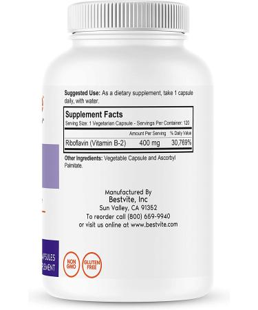 Vitamin B-2 (Riboflavin) 400mg Capsules - Vegan, Non GMO, Gluten Free - 120 Count - Buy Online on GoSupps.com