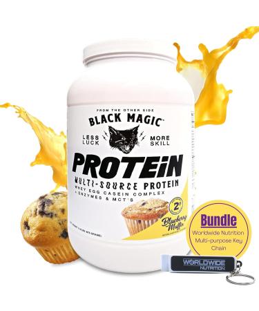 Worldwide Nutrition Bundle, 2 items: Black Magic Multi-Source Protein Powder - Whey, Egg Albumin Enzymes, Micellar Casein & MCTs - Bodybuilding -Blueberry Muffin Flavor - 2 LB & multi-purpose keychain