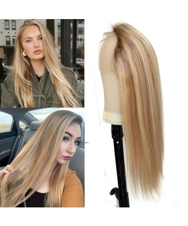 Blonde Balayage Wig Lace Front Real Human Hair Wigs for White Women Brown with Highlights 13x1 Pre Plucked Long Straight Brown to Blonde Highlighted Lace Wigs 20 Inch 150% Density 20 Inch (Pack of 1) #04T12/613 Straight