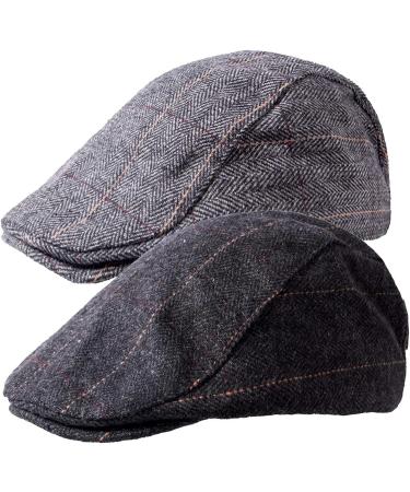 2 Pack Men's Herringbone Tweed Wool Blend Newsboy Hats - Classic Flat Cap Ivy Cabbie Driving Hat (Black/Grey) - Buy Online on GoSupps.com