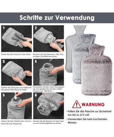 BOLEi 2L Hot Water Bottle with Faux Fur Cover - Leakproof Large Hot Water Bag for Pain Relief - Ideal for Women, Seniors, Children - Grey - Buy Online on GoSupps.com