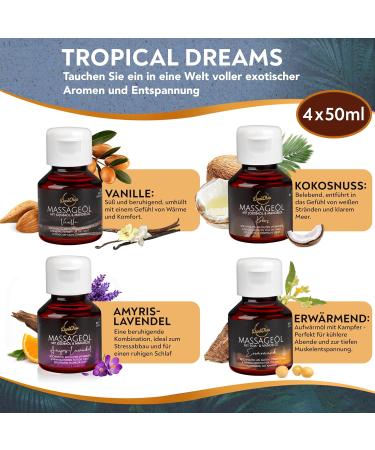 Danichou Tropical Dreams Massage Oil - 4x50ml | Vanilla Coconut Amyris Lavender | Jojoba & Almond Oil | Perfect Skincare Gift for Women Men & Couples - Buy Online on GoSupps.com