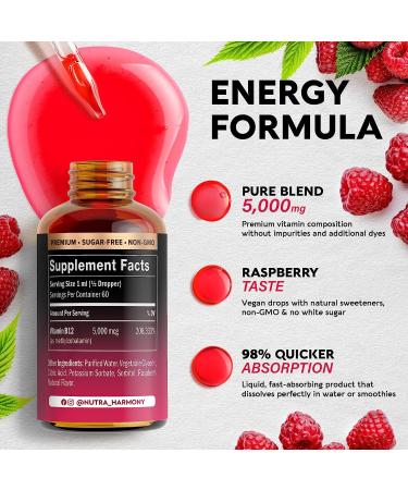 Nutraharmmony Vitamin B12 Liquid 5000mcg - Vegan Methylcobalamin Drops for Energy, Focus & Mood - Made in USA - 2oz Bottle - Buy Online on GoSupps.com