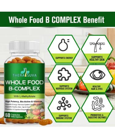 TheraSuva Whole Food Vitamin B-Complex + Biotin + Probiotics - 100% Vegan & Plant-Based Supports Energy Metabolism & Overall Wellness 60 Day Supply 120 Capsules - Buy Online on GoSupps.com