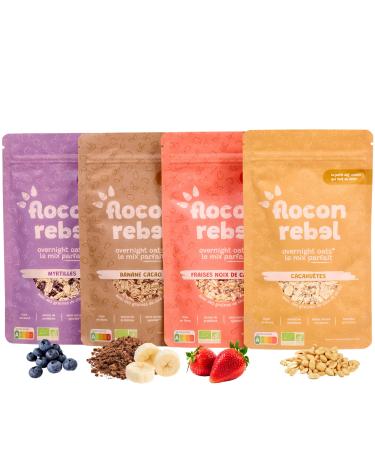 FLOCON REBEL Overnight Oats | Pack D couverte 4 Saveurs (Banane Cacao Fraises Cajou Cacahu tes Myrtilles) 4 Petits D jeuners Sains & Rapides | Porridge Froid Bio Sans Sucre Ajout 4x45g FRAISES NOIX DE CAJOU - BANANE CACAO - MYRTILLES - CACAHU TES 45 g (Lo