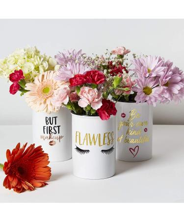 Round White Ceramic Makeup Brush Holder with Cute Sayings - Flawless Cosmetic Organizer for Vanity Countertop - Buy Online on GoSupps.com