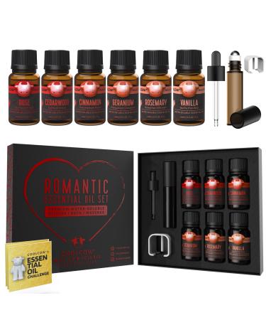 Coolcow essential oils for diffuser oil set for massage and bathroom 100% natural fragrance oils aromatherapy oils of geraniums rosemary rose cedar cinnamon vanilla 6x10ml relaxing & romantic 10 ml (6 Pack)