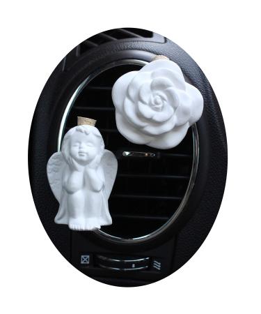 Ceramic Car Freshener Vent Clip Essential Oil Diffuser Set (Angel & Rose) Angel-Rose