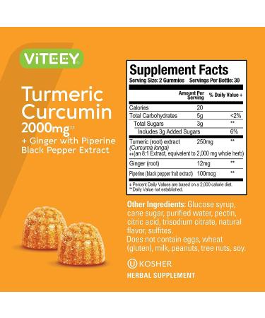 Turmeric Curcumin Gummies with Ginger & Black Pepper - Vegan Pectin Gummy for Adults, Teens & Kids - Peach Flavor 60 Count-2 Pack - Buy Online on GoSupps.com