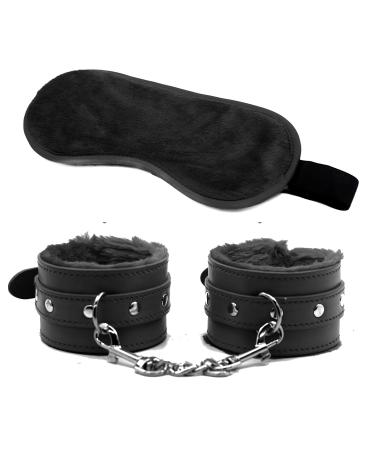HLLMART Sleeping Eye Mask and Adjustable Fur Handcuffs (Black)