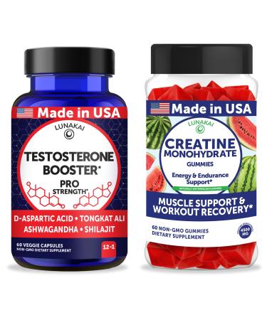 Lunakai USA Made Testosterone Booster Capsules + Creatine Monohydrate Gummies Bundle Non-GMO 60ct Each