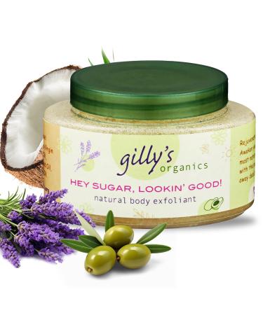 Gilly's Organics Sugar Scrub Natural Scrubs with Lavender Coconut Avocado Sweet Almond Oil Gentle Exfoliating and Deeply Hydrating Body Scrub for Women and Men 8oz Organic Sugar Scrub