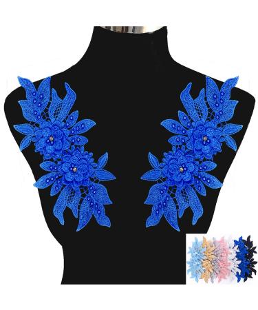 1 Pair 3D Lace Applique, Sew on Flower Bead Patches Embroidery Floral Motif Beaded Rhinestones Lace Trim Fabric Pearl Appliques for Sewing Wedding Bride Dress Veil Clothes Decoration (Dark Blue)