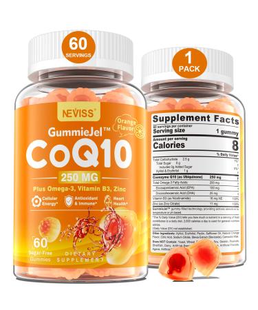 Sugar-Free CoQ10-250mg Filled Gummies - 2 Months Supply - Plus Omega-3 Vitamin B3 & Zinc High Absorption Coenzyme Q10 Supplements for Heart Health Cellular Energy & Antioxidant Support Vegan 60Cts 60 Count (Pack of 1)