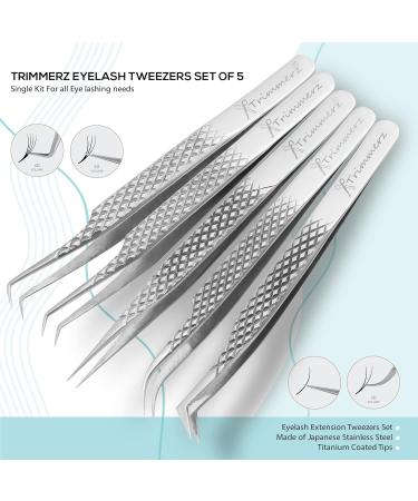 Trimmerz Lash Eyelash Tweezers Extension Tweezers Set of 5 Stainless Steel Tools Straight Curved 45 90 Degree Angled Tip Volume Tweezers Precision Lash tech Essentials (5 Silver) - Buy Online on GoSupps.com