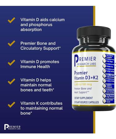 Premier Research Labs Vitamin D3+K2 - 30 Plant-Source Capsules for Bone & Heart Health - Vegan & Gluten-Free - Buy Online on GoSupps.com