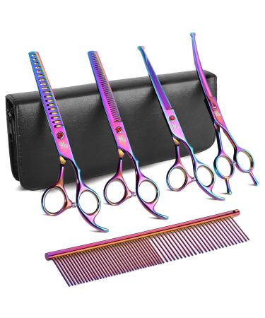 DRGSKL dog care scissors set multicolor premium straight thinning curved chunker scissors for dog cat japanese 440c stainless steel rainbow rainbow set