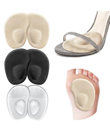 Metatarsal Pads-Heel Inserts for Women Ball of Foot Cushions Arch Support for All Day Pain Relief and Comfort Reusable Heel Pads Inserts for Too Big Shoe-3Pairs Beige+black+clear