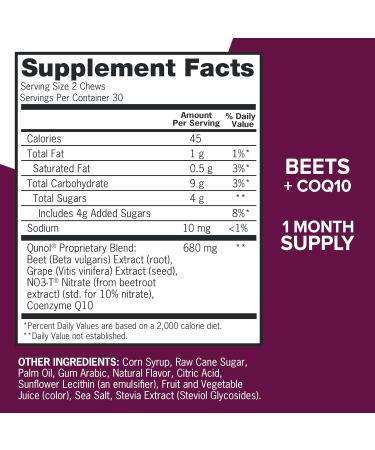 Qunol Beets Chews for Blood Pressure Support 3 in 1 Beets + CoQ10 + Grape Seed Extract Supports Healthy Blood Circulation & Heart Healthy Energy 60 Chews 60 Count (Pack of 1) - Buy Online on GoSupps.com
