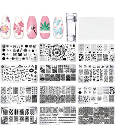 OBSGUMU 12Pcs Nail Stamping Plates Set,Nail Stamp Template,Nail Stamper Stencil Plates,with 1Pcs Stamper and 1Pcs Scraper, Flower Butterfly Animal Design for DIY Nail Art Decorations