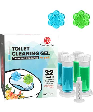 Simple Life Toilet Bowl Cleaner, Fresh Flower Gel Stamp, Stops Limescale and Stains with Air Freshening Scent, Deodorizing Clean, Blue & Green, 32 Stamps, Pack of 4 32 Stamps Blue & Green