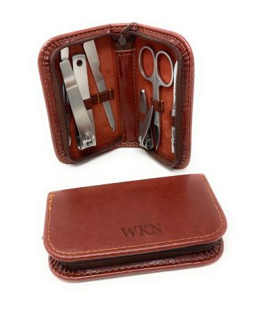Personalised Male Travel Brown PU Leather Manicure Grooming Gift Set - Engraved Mens Gift