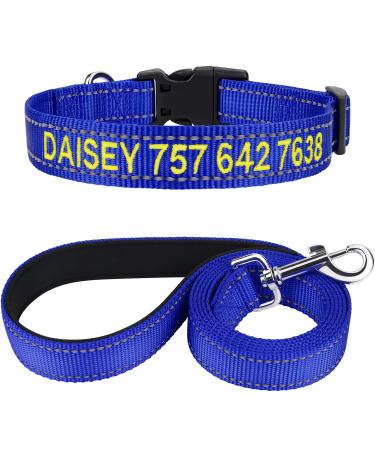 Tagme dog collar and leash personalized reflective dog collar with 1.5m double -sided reflective dog leash for large dogs royal blue XL (1 -pack) royal blue set