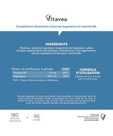 Magnesium Bisglycinate and Marin Vitamin B6 - High Dosage 300 mg - Fatigue Stress Sleep - 180 Vegetable Capsules 3 Months - High Assimilation Good Tolerance - Vegan Made in France Vitavea - Buy Online on GoSupps.com