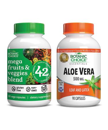Botanic Choice Mega Fruits and Veggies Blend (60 Capsules) + Aloe Vera (90 Capsules) Bundle - Energy Balance & Superfood Supplement + Digestive Health Support