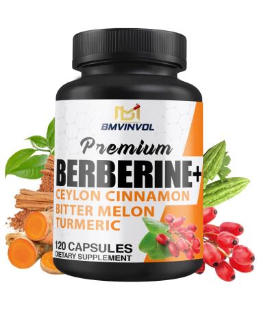 Berberine HCl Supplement Ceylon Cinnamon and Turmeric Capsules Green Tea and Bitter Melon Capsules - 120 Capsules for 2 Month Supply
