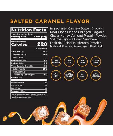 Wellcome Salted Caramel Collagen Protein Bar - Dairy Free Adaptogenic Snack with Reishi Mushroom for Energy & Immune Support (Pack of 12) - International Shipping Available - Buy Online on GoSupps.com