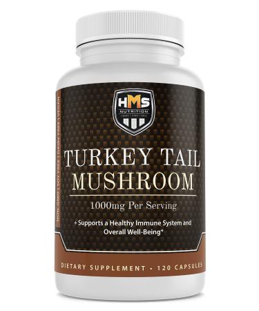 HMS Nutrition Turkey Tail Mushroom 120 Potent 1000mg Capsules Non-GMO Vegan Strong Antioxidant and Immune Support Abilities