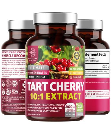 N1N Premium Tart Cherry Extract Capsules, 200 Veg Caps, 3000 mg 10X Concentrated Extract Powerful Antioxidant, Joint Health and Mobility, Uric Acid Cleanse, Non-GMO and Gluten Free