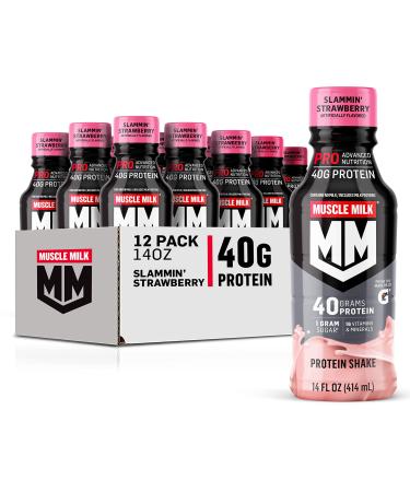 Muscle Milk Pro Advanced Nutrition Protein Shake, Slammin' Strawberry, 14 Fl Oz Bottle, 12 Pack, 40g Protein, 1g Sugar, 16 Vitamins & Minerals, 6g Fiber, Workout Recovery, Packaging May Vary - Buy Online on GoSupps.com