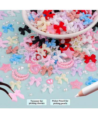 BJAINGEXK 600PCS 3D Nail Amulet Set 1 piece 8-color nail bow amulet + Pink White stars Love Moon Cute Nail jewelry + White pearls for nail art DIY decoration with picking tool - Buy Online on GoSupps.com