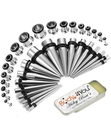 BodyJ4You 37PC Gauges Kit Ear Stretching Aftercare Balm | Single Flare Screw Fit Tunnel Plugs Expander Tapers | 14G-00G Surgical Steel | Natural Recovery Solution Set Silvertone, Single Flare