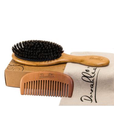 Boar Bristle Hair Brush Set for Women and Men - Designed for Thin and Normal Hair - Adds Shine and Improves Hair Texture - Wood Comb and Gift Bag Included (black)