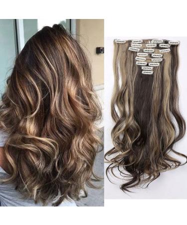 Clip in extensions hair extension like real hair synthetic hair part 8 tressen 18 clips for complete full head hair extensions 60cm wavy dark brown & ashblond