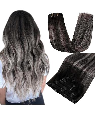 Runature clip in extensions real hair black ombre 50cm hair extension real hair clip ombre black and silver extensions real hair clip in 120g 7pcs #1b/silver/1b 50cm-7PCs New #1b/silver/1b