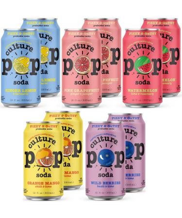 Culture Pop Sparkling Probiotic Soda | 40 Calories per can, Vegan, Non-GMO | 12 Fl Oz Cans (5 Flavor Variety, Pack of 10) 5 Flavor Variety 12 Fl Oz (Pack of 10)