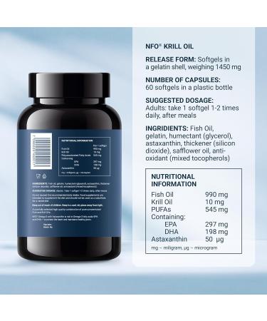 NFO Omega 3 Krill Oil Astaxanthin 60 Capsules - Antarctic Blend with Norwegian Fish Oil, High EPA & DHA, Phospholipids & Astaxanthin - Premium Supplement - Buy Online on GoSupps.com
