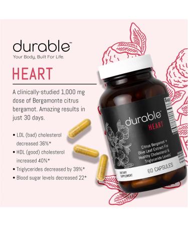 Durable Heart Extra-Strength Bergamonte & Olive Leaf Extract - 1 000 mg Natural Heart Supplements for Healthy Cholesterol Support - Non-GMO Vitamin C - Made in USA - 60 Count - Buy Online on GoSupps.com