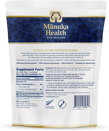 Manuka Health MGO 400+ Manuka Honey Lozenges with Lemon & Ginger - 58 Count - 8.8 oz - 100% Natural with Vitamin C - Buy Online on GoSupps.com