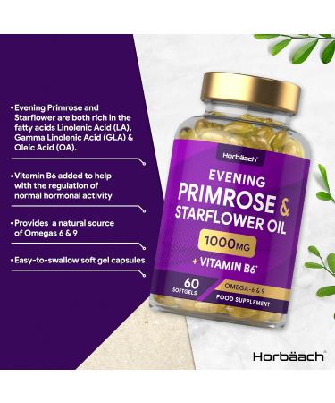 Evening Primrose and Starflower Oil Capsules 1000mg | with Vitamin B6 | 60 Softgels | Rich Source of Omega 6 GLA & 9 Oleic Fatty Acids | by Horbaach - Buy Online on GoSupps.com