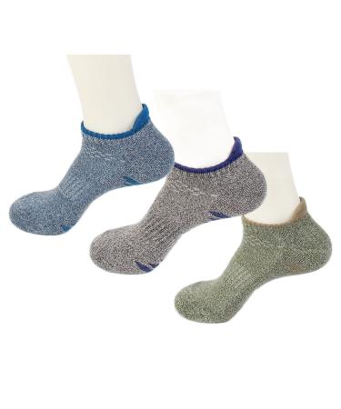 By The Clique 3 Pairs of Premium Terry Cotton Towel Bottom Sport Ankle Socks With Tab | Retro Style With Modern Day Fit.| Arch Support Cushioned and Durability | Set of 3 - Blue Gray and Green