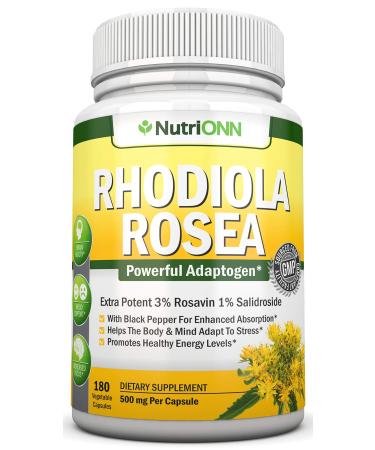 NutriONN Rhodiola Rosea - 500mg - 180 Vegan Capsules - 3% Rosavin 1% Salidroside Extract - Non-GMO - with Black Pepper for Enhanced Absorption - 6 Month Supply - Supplement for Energy & Stamina